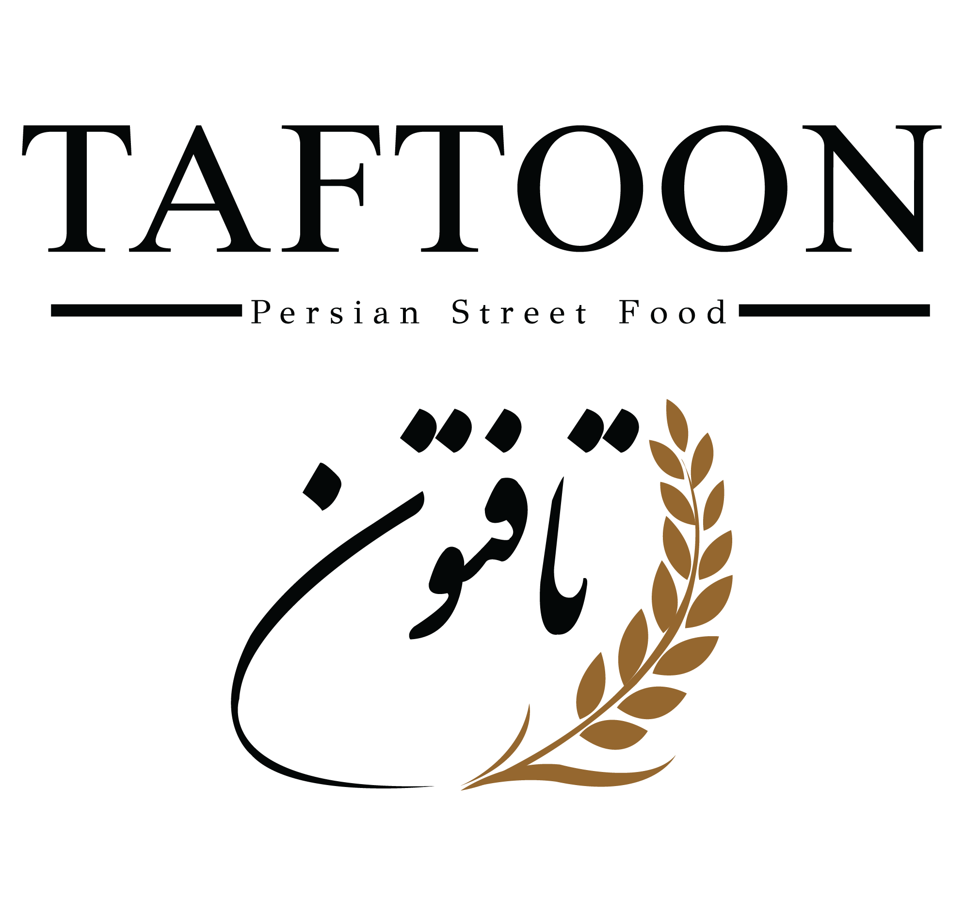 Taftoon logo — wordmark with Persian script and gold wheat sprig emblem