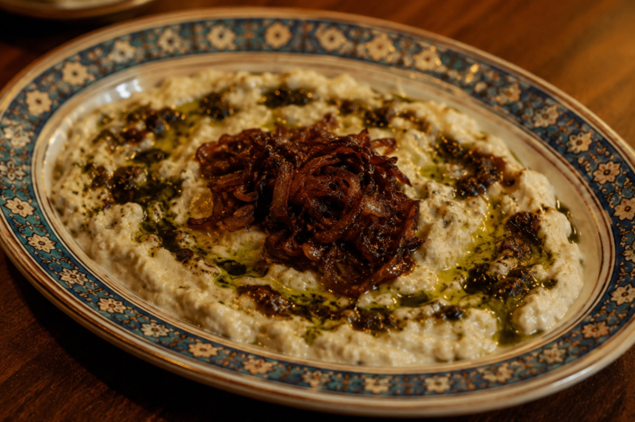 Kashke Bademjoon — Persian fried eggplant dip topped with caramelized onions and herb oil on a patterned plate