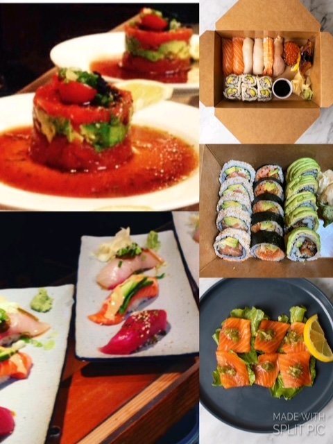 Collage of house dishes — tuna tower, takeout box, maki, nigiri platter and salmon avocado roll