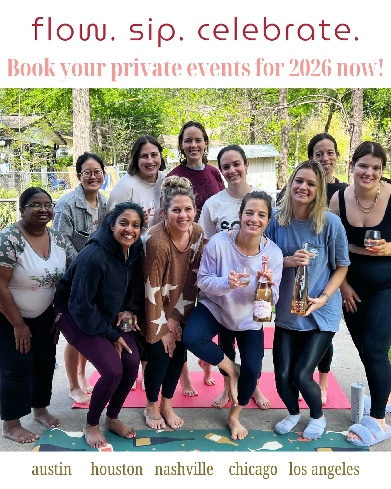 Group of eleven yogis with a flow sip celebrate private events flyer