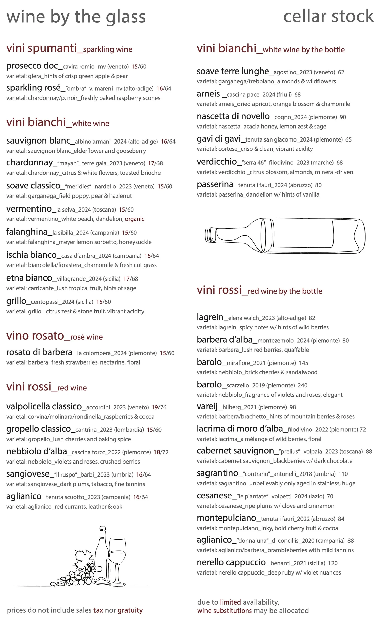 Bar Veloce menu page two: wine by the glass and cellar stock by the bottle