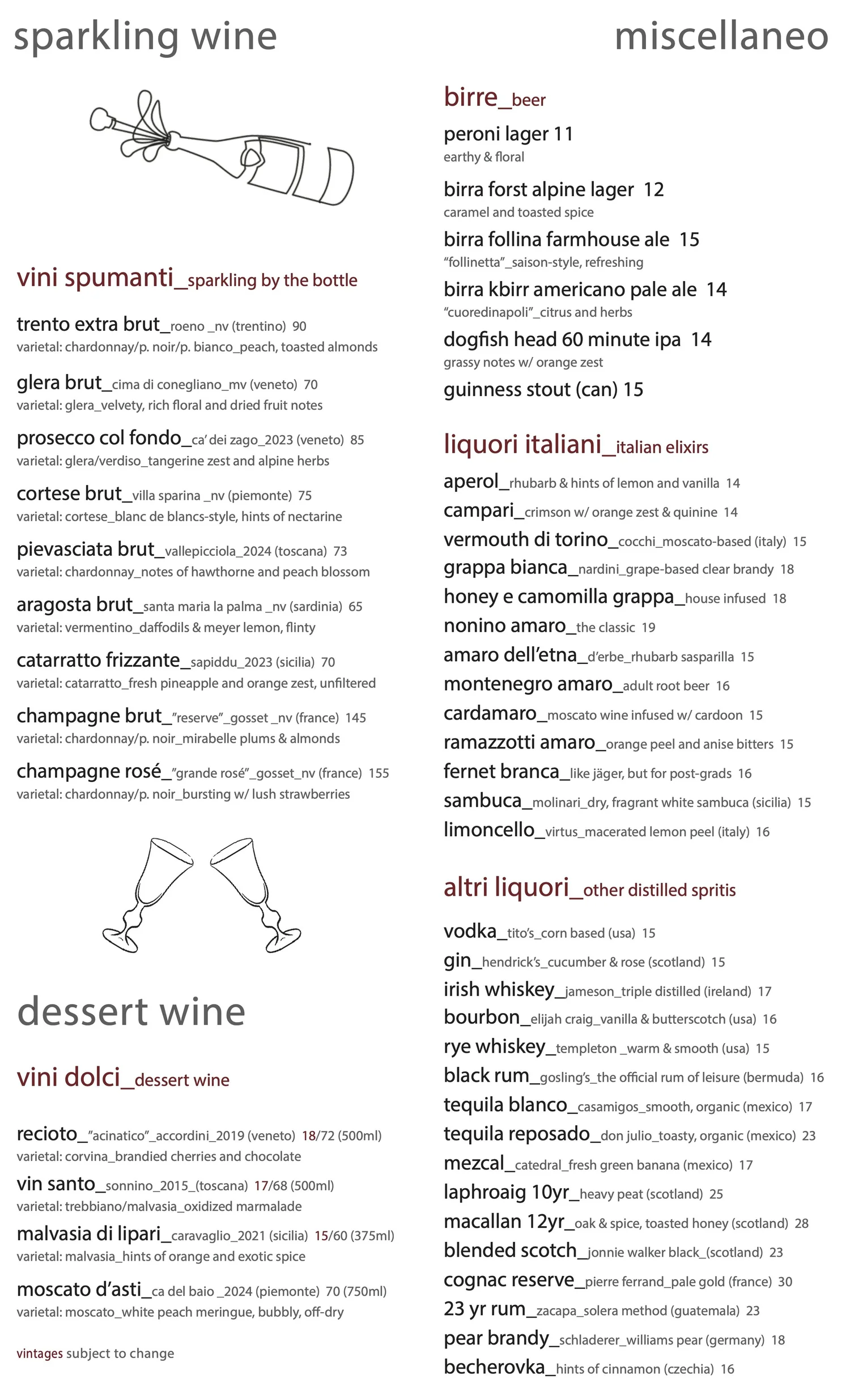 Bar Veloce menu page three: sparkling wine, dessert wine, beer, Italian liqueurs and other spirits