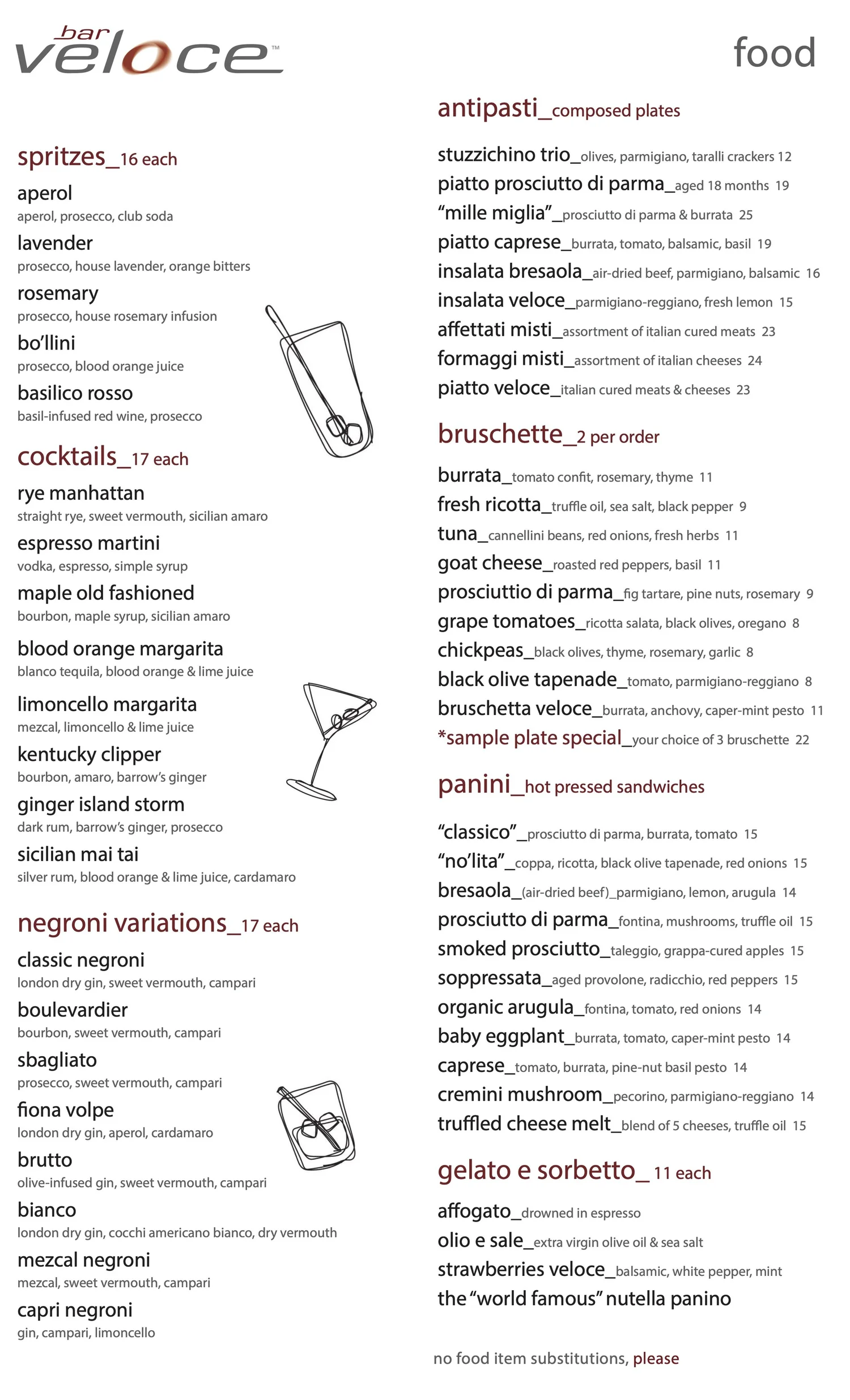 Bar Veloce menu page one: spritzes, cocktails, negroni variations, antipasti, bruschette, panini and gelato