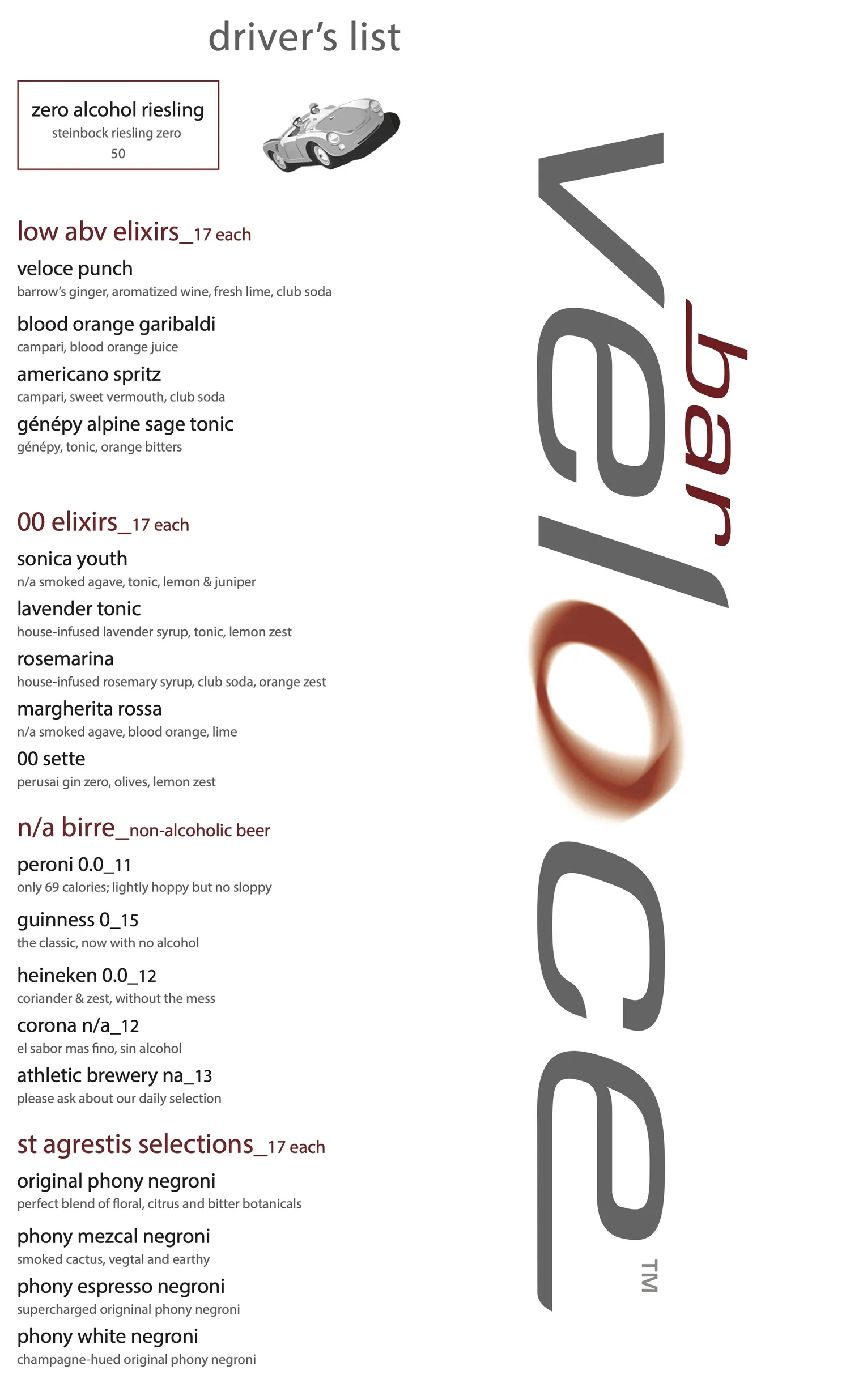 Bar Veloce menu page four: the driver's list of low-ABV and zero alcohol elixirs