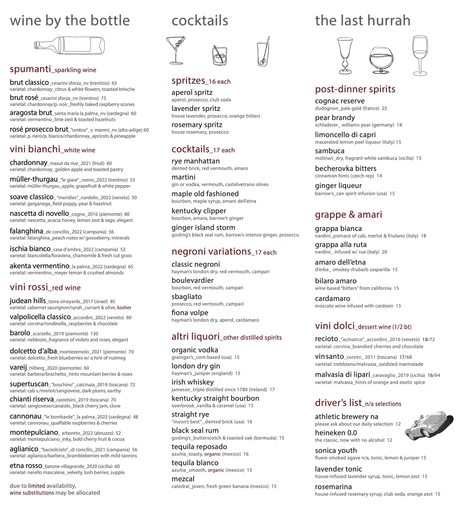 Bar Veloce Narrowsburg menu sheet: wine by the bottle, cocktails and the last hurrah