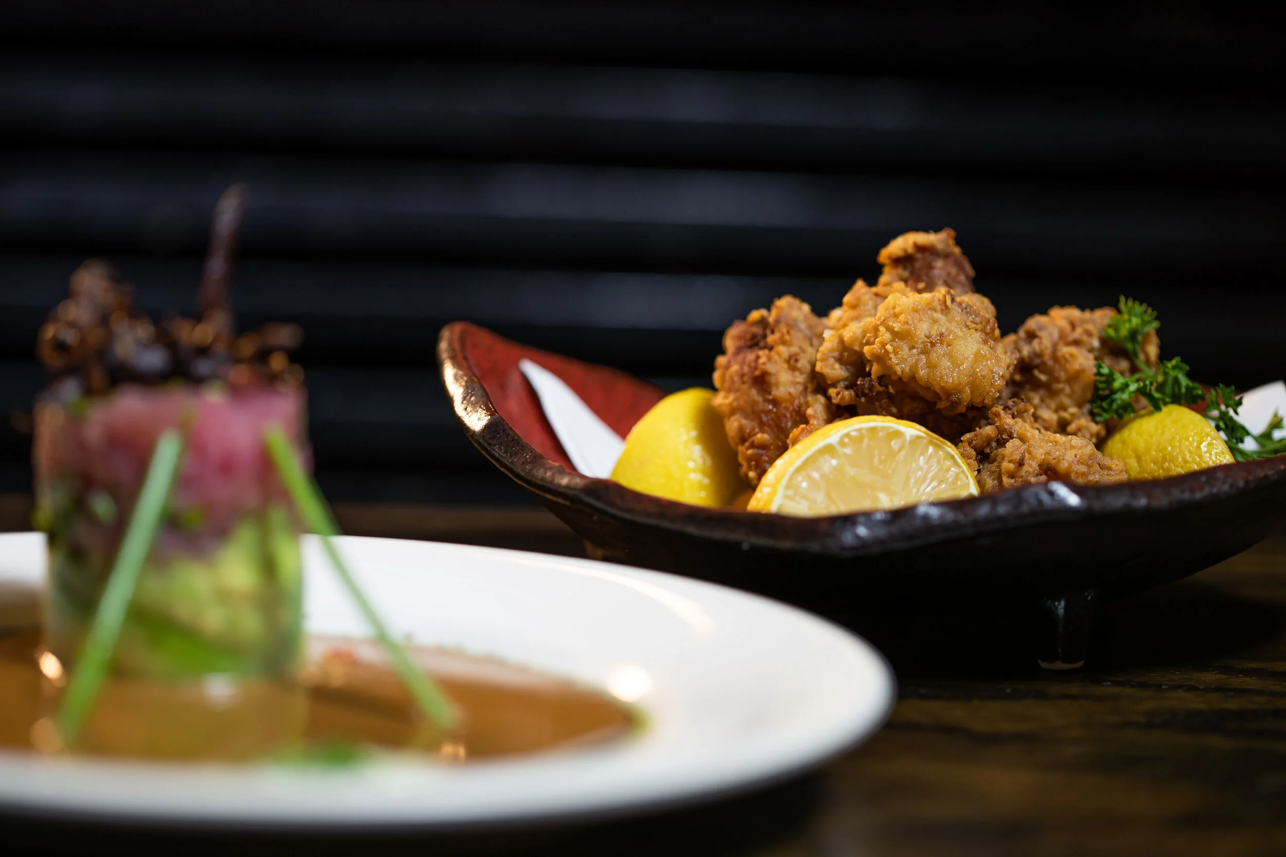 Karaage, soup and tartare appetizer plated together