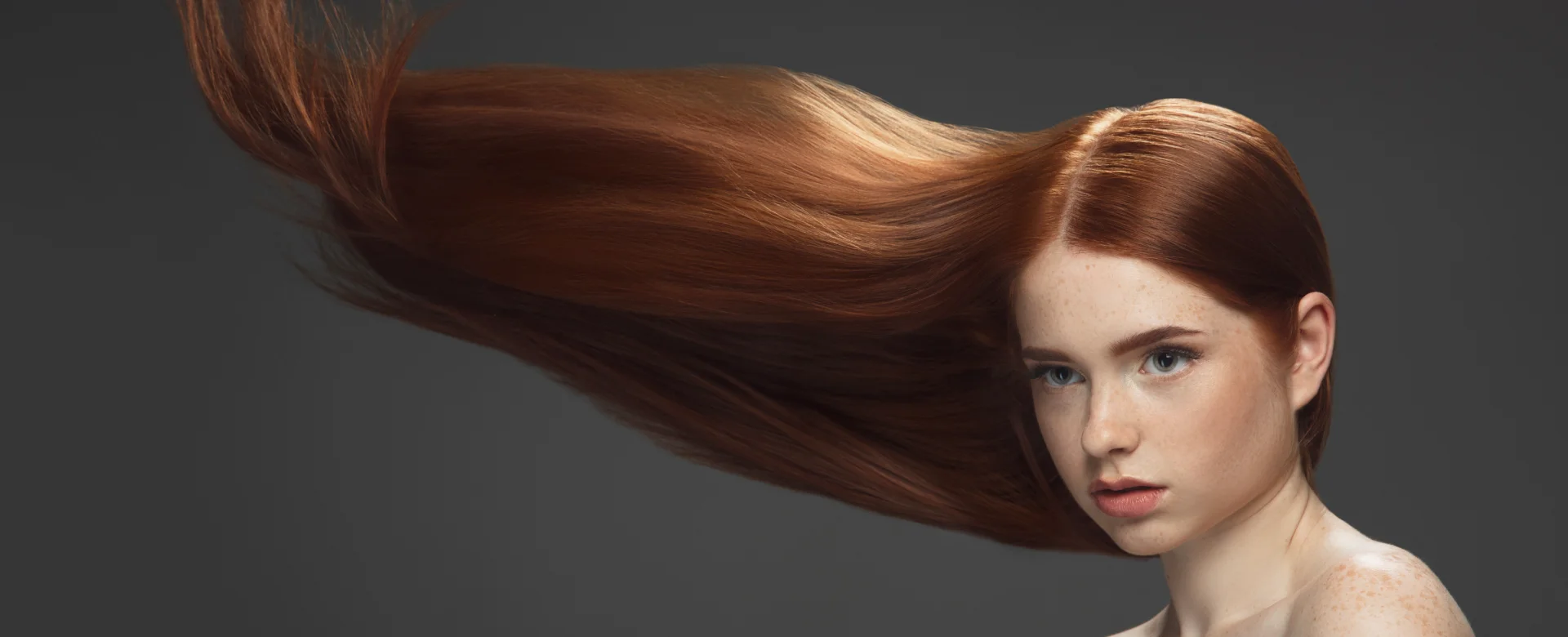 Studio portrait of a woman with long auburn hair swept sideways