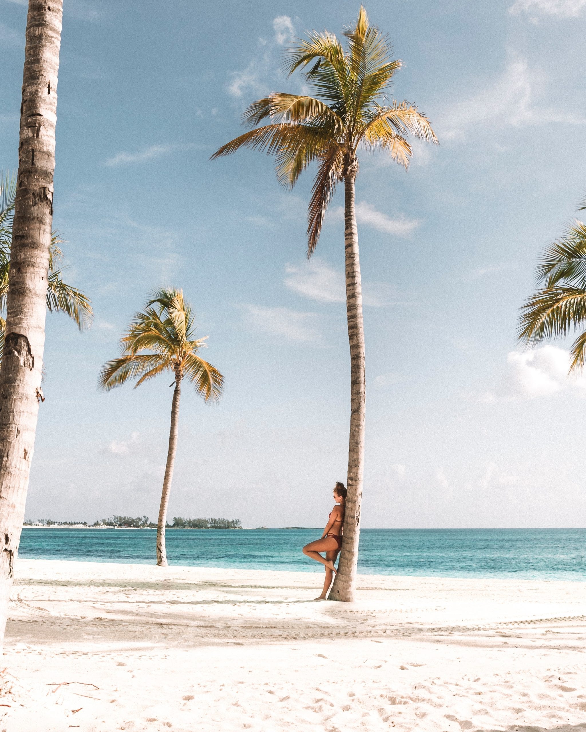 Woman leaning against a palm tree on a white-sand tropical beach with turquoise sea