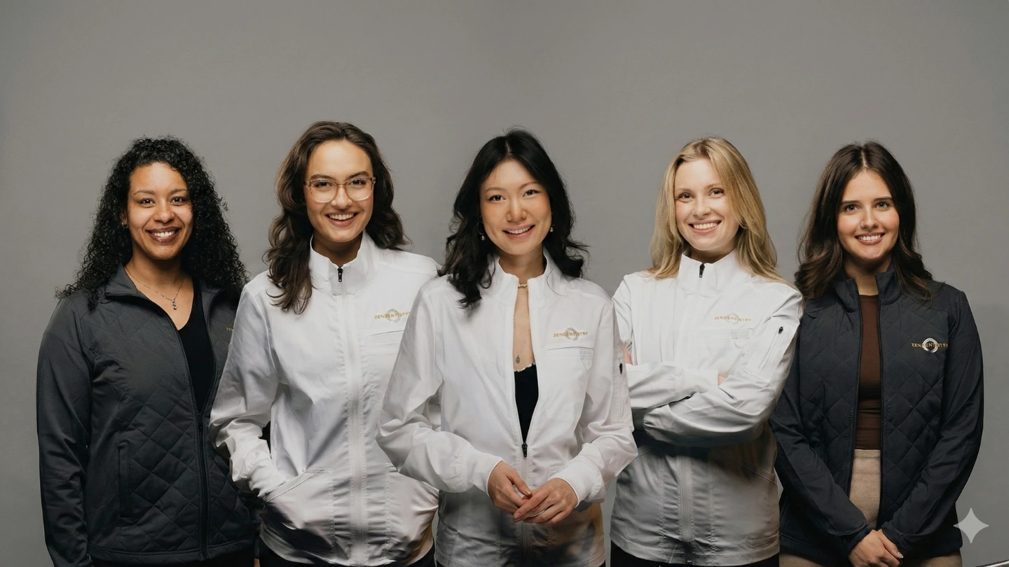 Five Zen Dentistry team members in branded jackets