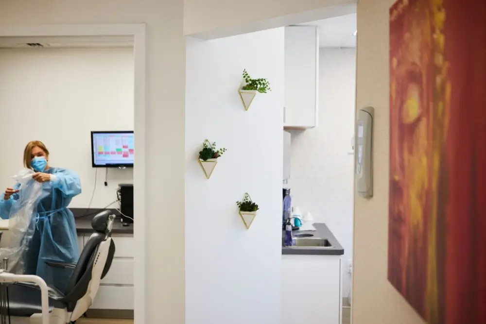 Levittown office corridor with planters